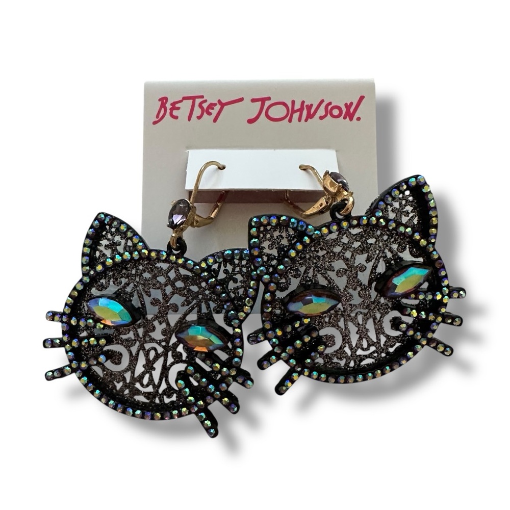 Betsey Johnson Pink Glitter Rhinestone Cat Drop Earrings Nwt Rare